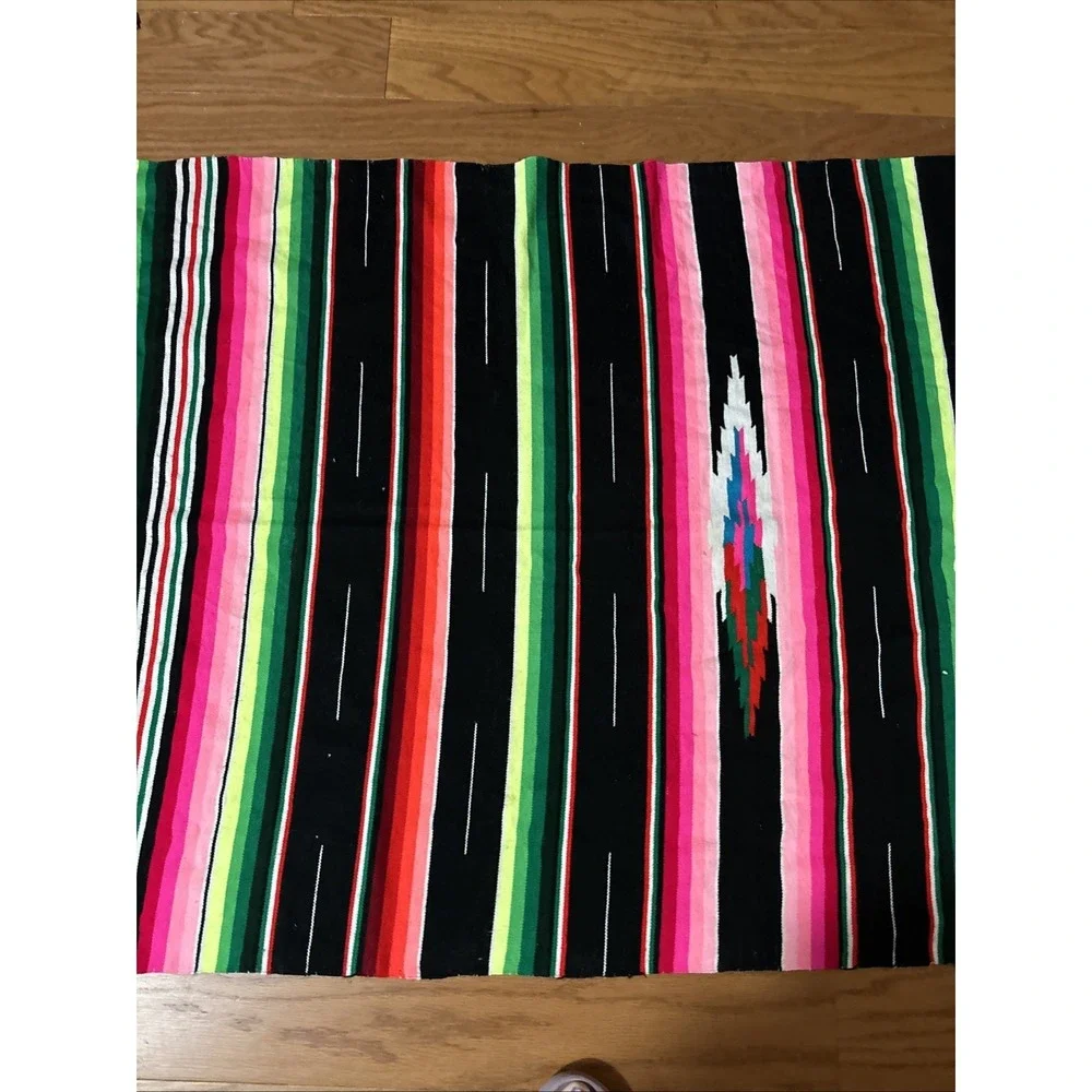 Traditional Colorful Striped Fringed Woven  Mexican Blanket 7' X 3'